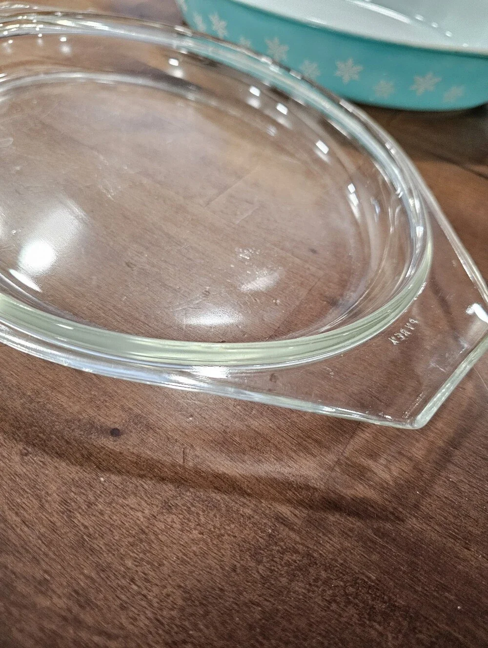 Vintage Pyrex Turquoise Snowflake Oval Casserole Dish Clear Glass Lid 1.5 Qt 043